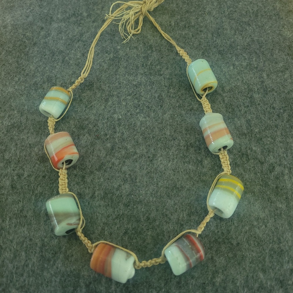 Boho Aqua Striped Barrel Bead Knotted Cord Necklace 16in 20mm
